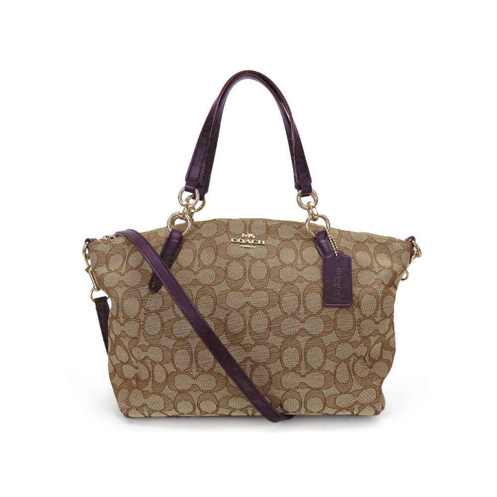 Coach Kelsey Satchel Signature Canvas Crossbody Bag Tan Purple